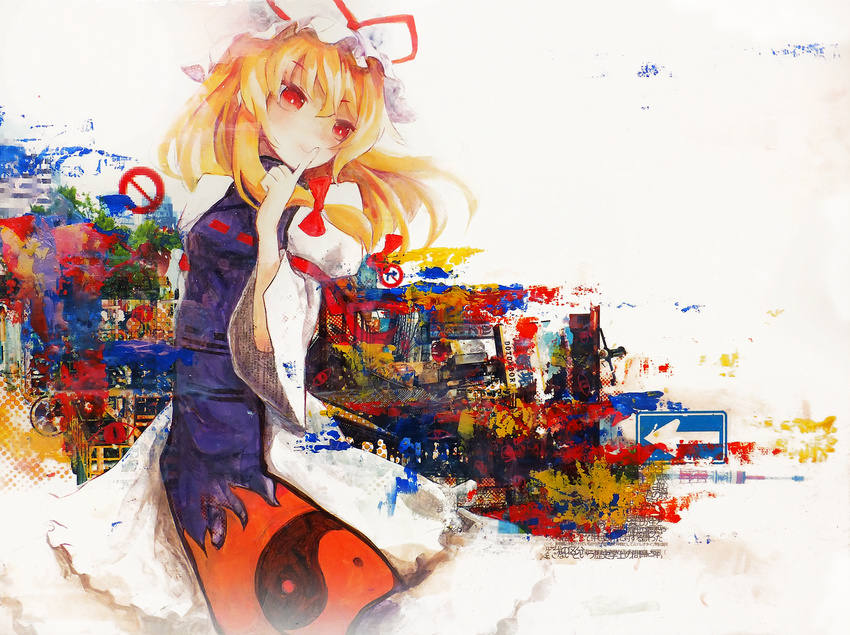 blonde_hair blush bow dress finger_to_mouth hair_bow hat hat_ribbon isegawa_yasutaka long_hair red_eyes ribbon road_sign sign smile solo touhou yakumo_yukari yin_yang