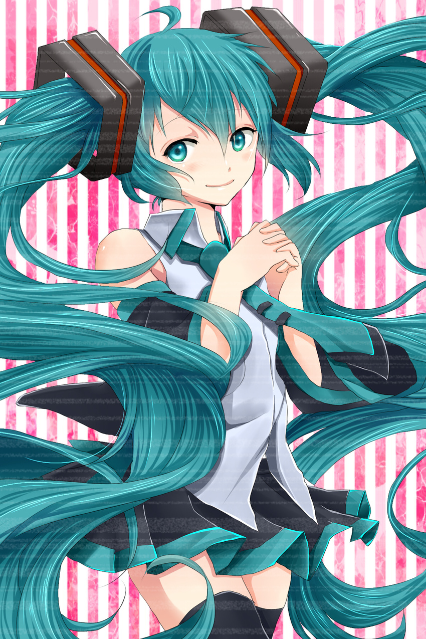 aqua_eyes aqua_hair au_(222au) bad_id bad_pixiv_id black_legwear detached_sleeves hatsune_miku highres long_hair necktie skirt smile solo thighhighs twintails vocaloid zettai_ryouiki