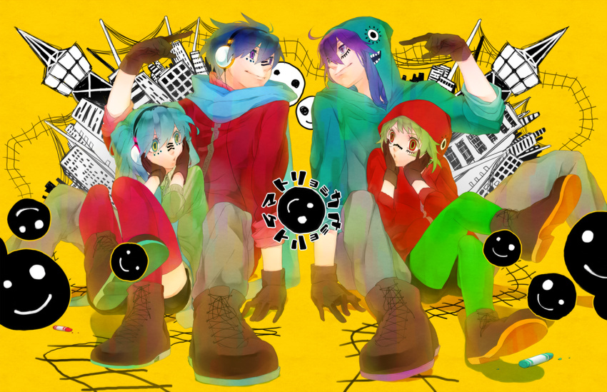 2girls aqua_hair blue_hair blue_scarf boots brown_footwear brown_gloves chalk cross-laced_footwear eye_contact facial_mark gloves green_eyes green_hair green_legwear gumi hands_on_own_face hatsune_miku headphones highres hood hoodie kaito kamui_gakupo lace-up_boots looking_at_another matryoshka_(vocaloid) multicolored multicolored_eyes multiple_boys multiple_girls orange_background pointing purple_eyes purple_hair red_legwear scarf symmetry thighhighs toma_'3' vocaloid