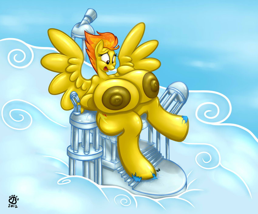 anthro anthrofied badgerben big_breasts breasts cutie_mark equine female friendship_is_magic hair huge_breasts hyper hyper_breasts macro mammal multi-colored_hair my_little_pony nipples orange_hair pegasus size_difference solo spitfire_(mlp) surprise transformation wings wonderbolts_(mlp)