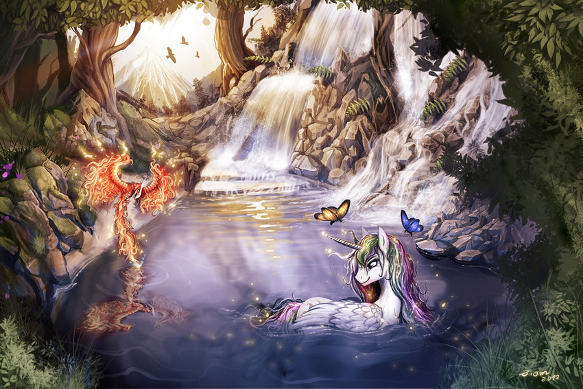 best_pony butterfly detailed_background equine female feral friendship_is_magic horn hot_spring insect mammal my_little_pony philomena_(mlp) phoenix pool princess_celestia_(mlp) scenery water winged_unicorn wings ziom05