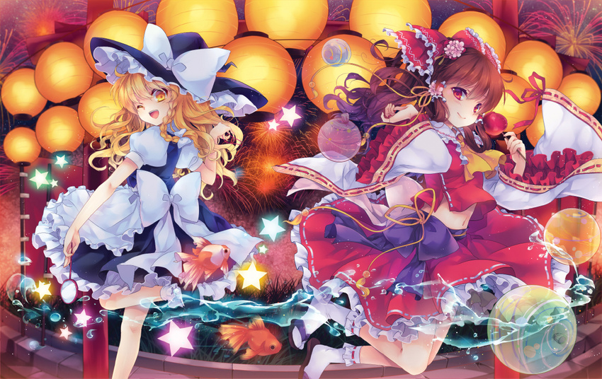 ;d ascot ball blonde_hair bow braid brown_hair candy_apple detached_sleeves fireworks fish food from_behind hair_tubes hakurei_reimu hat hat_bow holding kirisame_marisa lantern long_hair looking_at_viewer looking_back multiple_girls one_eye_closed open_mouth red_eyes shinia single_braid smile star touhou water witch_hat yellow_eyes