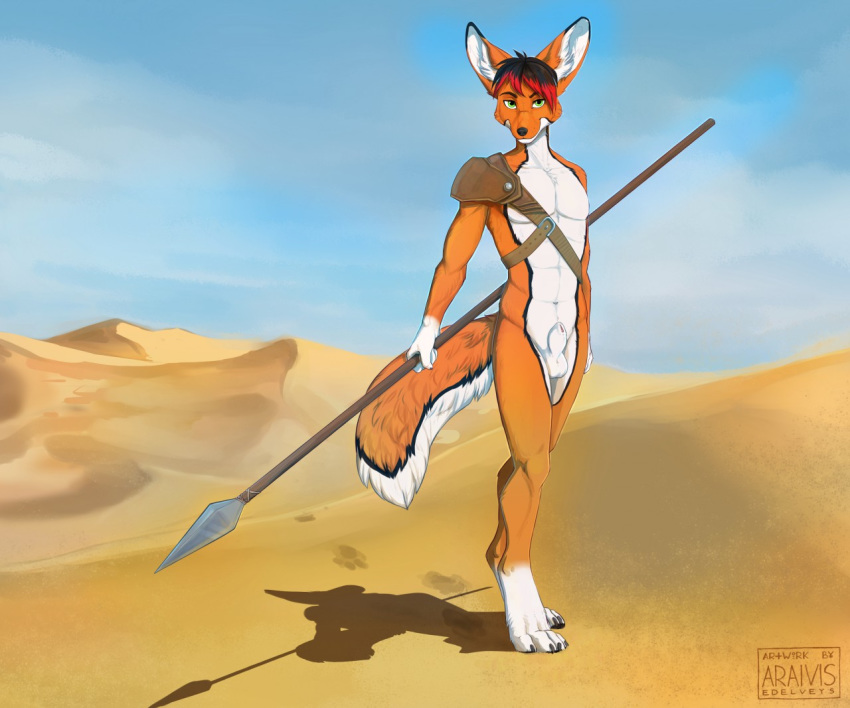 2019 4_toes 5_fingers animal_genitalia araivis-edelveys balls canid canine day desert detailed_background digital_media_(artwork) digitigrade fennec fox holding_object holding_weapon looking_at_viewer male mammal nude outside sand sheath sky solo standing toes weapon