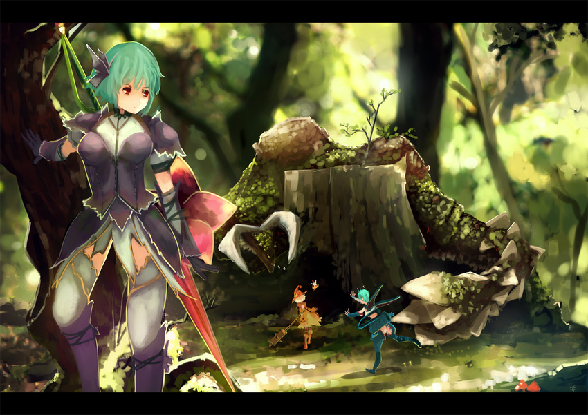 armor duramboros forest kazami_yuuka letterboxed medicine_melancholy melahoa_(armor) minigirl monster monster_hunter monster_hunter_portable_3rd mosgharl_(armor) multiple_girls nargacuga_(armor) nature running shield short_hair su-san touhou tragic_comedy weapon wriggle_nightbug