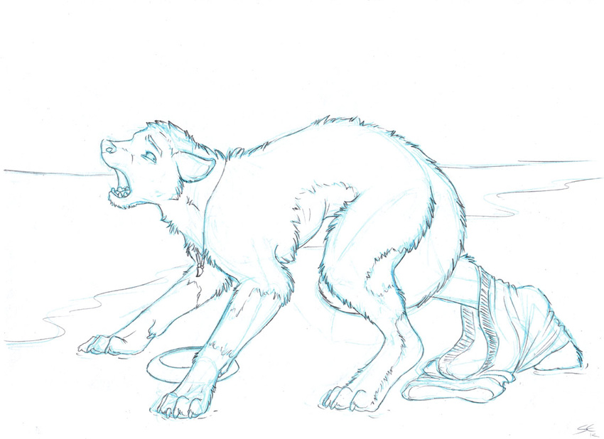 beach butt canine clothing fear feral frisbee fur male mammal monochrome necklace pants paws sabretoothed_ermine seaside sketch snout solo teeth topless transformation wolf