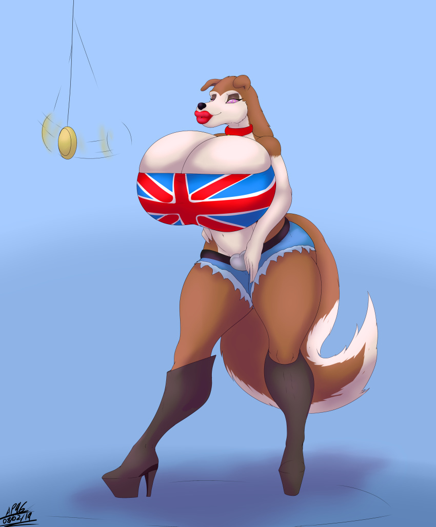2019 absurd_res angrypotato96 anthro belt big_breasts big_lips black_nose blue_eyes boots breasts canid canine canis clothed clothing colleen collie cutoffs denim_shorts digital_media_(artwork) domestic_dog female footwear fur hair hi_res high_heels huge_breasts hyper hyper_breasts hypnosis lips lipstick makeup mammal midriff midsection mind_control navel road_rovers rough_collie shoes shorts simple_background smile solo spiral_eyes standing thick_thighs tube_top union_jack voluptuous