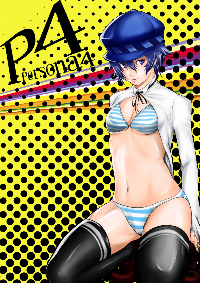 blue_hair bra cabbie_hat hat highres kneeling looking_at_viewer navel open_clothes open_shirt panties persona persona_4 ribs shirogane_naoto shirt short_hair sisotaro solo striped striped_bra striped_panties thighhighs thighs underwear