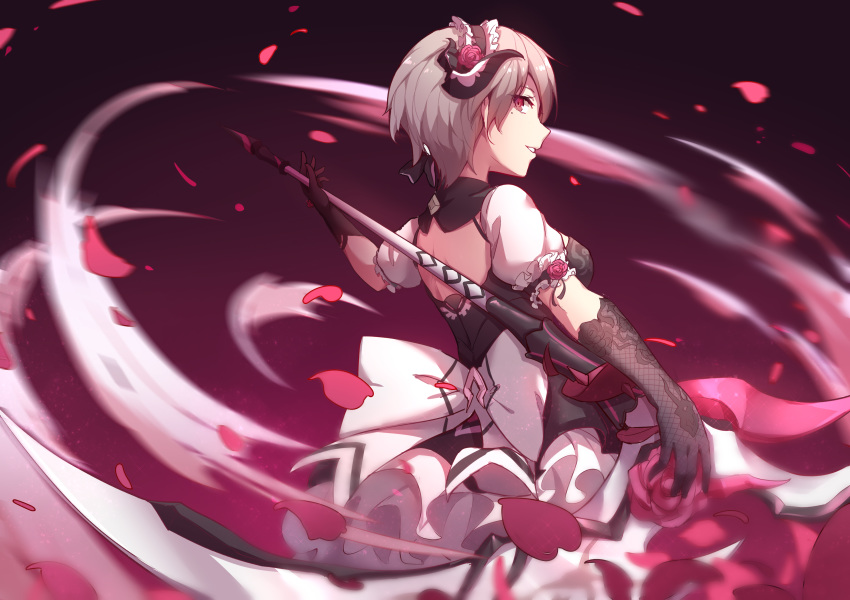 elbow_gloves flowers gloves goth-loli gradient gray_hair headband honkai_impact lolita_fashion petals pink_eyes purple rita_rossweisse rose short_hair weapon yumuto