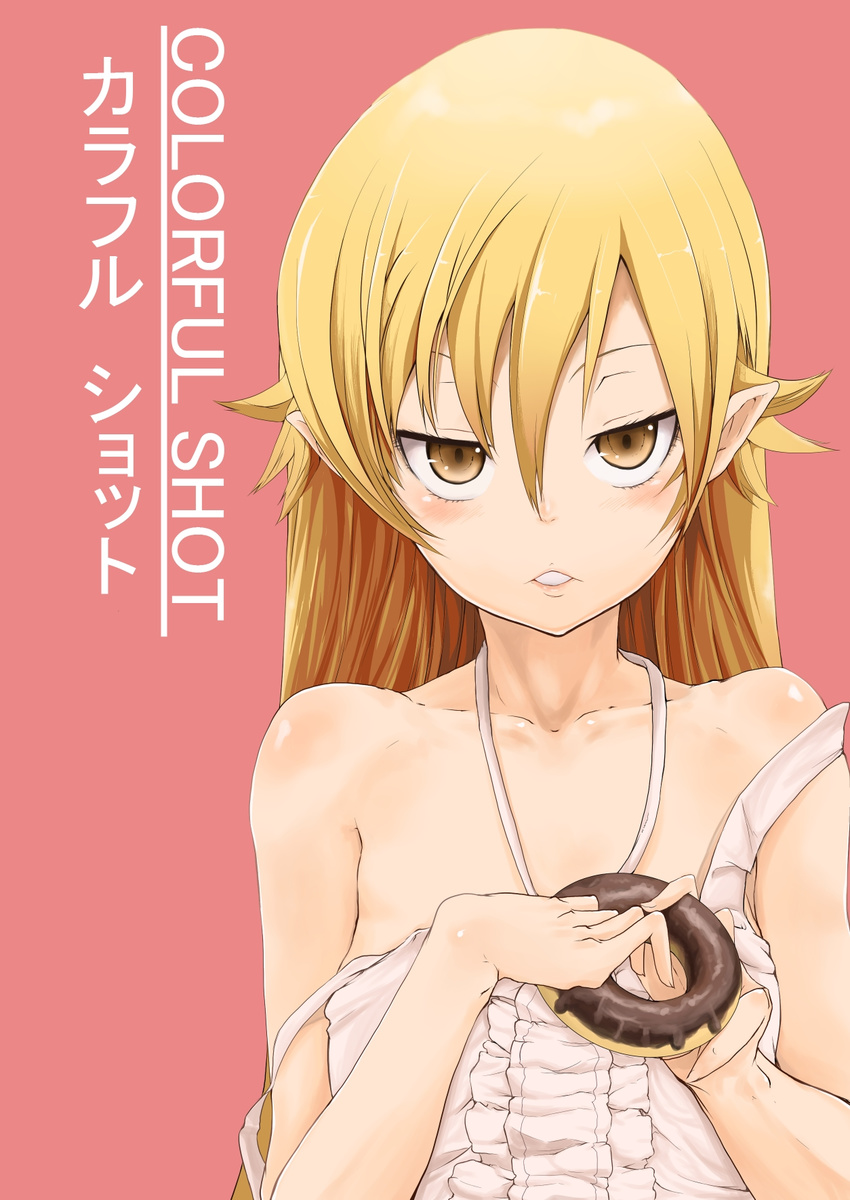 bad_id bad_pixiv_id bare_shoulders blonde_hair doughnut food highres konoshita_kiyomasa long_hair monogatari_(series) nisemonogatari oshino_shinobu pink_background pointy_ears simple_background solo strap_slip yellow_eyes