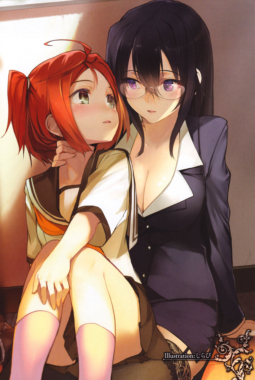absurdres age_difference ahoge black_hair blush breasts cleavage couple dolce_(yuri_anthology) eye_contact garter_straps glasses green_eyes hand_on_another's_neck hand_on_neck highres large_breasts long_hair looking_at_another multiple_girls non-web_source orange_hair original pencil_skirt purple_eyes red_hair scan school_uniform serafuku shirabi short_hair sitting sitting_on_lap sitting_on_person skirt teacher teacher_and_student thighhighs twintails wall yuri