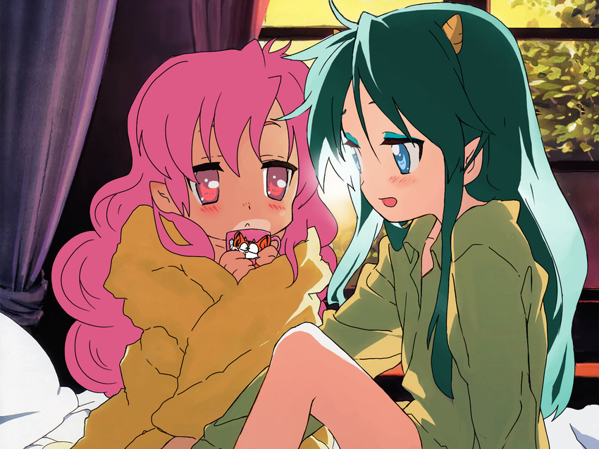 blue_eyes commentary derivative_work eyeliner green_hair highres horns kururu_(kururock) long_hair lum makeup multiple_girls pink_eyes pink_hair ran_(urusei_yatsura) urusei_yatsura