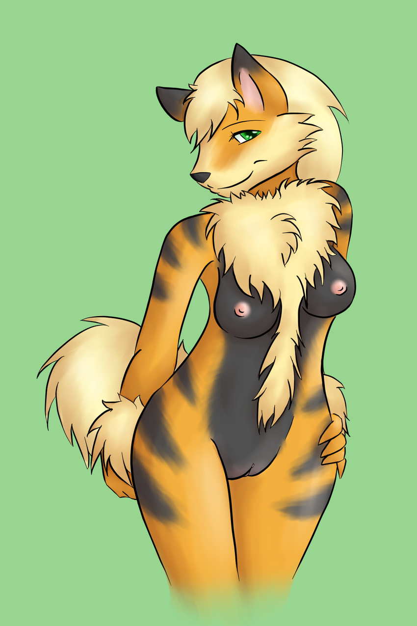 anthrofied arcanine black_nose blonde_hair breasts canine chest_tuft cute dog female fur green_background green_eyes hair hi_res looking_at_viewer mammal nintendo nipples nude orange_fur plain_background pok&#233;mon pok&#233;morph pok&eacute;mon pussy snappi solo standing stripes tuft video_games