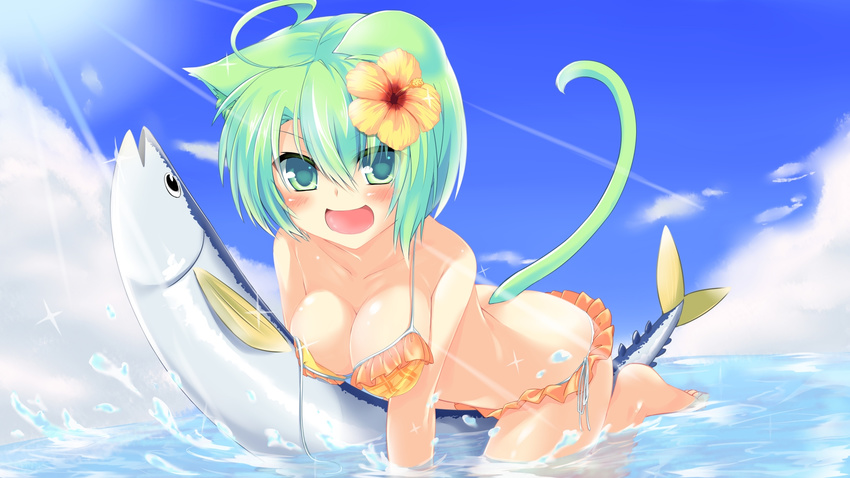 :d ahoge animal_ears bikini blush breasts cat_ears cat_tail cleavage dodome-iro_mayonnaise fish flower frilled_bikini frills green_eyes green_hair hair_flower hair_ornament hibiscus highres large_breasts light_rays looking_at_viewer open_mouth original partially_submerged sharon_(dodomayo) short_hair side-tie_bikini smile solo sunbeam sunlight swimsuit tail untied wallpaper water