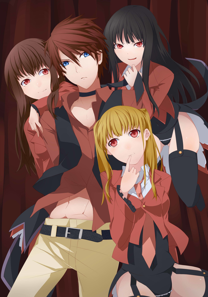 3girls absurdres asmodeus belt black_hair blonde_hair blue_eyes brown_hair chest collarbone garter_straps highres long_hair long_sleeves lucifer mammon multiple_girls navel necktie nemu_(nebusokugimi) pink_neckwear red_eyes red_hair stakes_of_purgatory thighhighs twintails umineko_no_naku_koro_ni ushiromiya_battler very_long_hair wide_sleeves