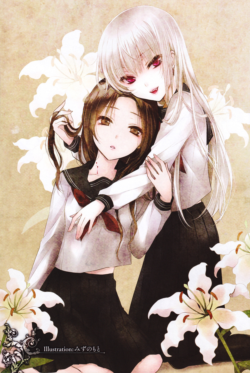 absurdres albino bite_mark blood brown_eyes brown_hair fang flower hair_tousle highres hug light_smile lily_(flower) long_hair looking_at_viewer mizunomoto multiple_girls non-web_source original pink_eyes scan school_uniform serafuku vampire white_hair yuri