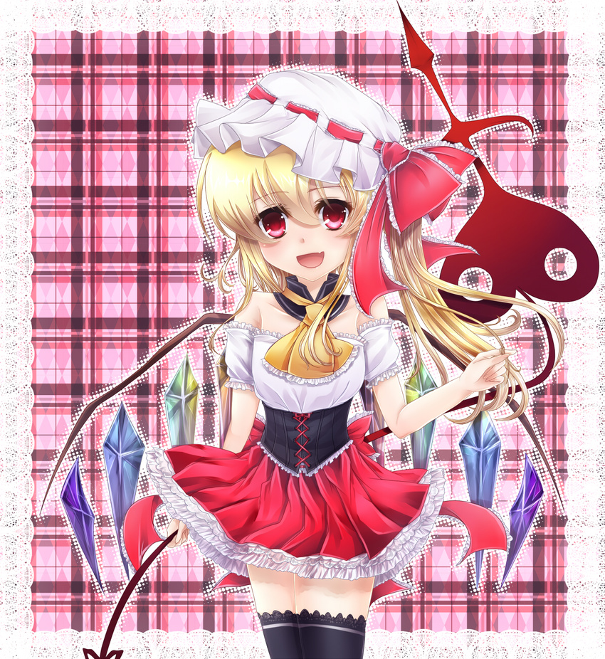 alternate_costume ascot bad_id bad_pixiv_id bare_shoulders blonde_hair blush bow crystal detached_sleeves dress fang flandre_scarlet hat hat_bow hat_ribbon highres laevatein open_mouth puffy_sleeves red_eyes ribbon short_hair short_sleeves side_ponytail siyusiyu13 smile solo thighhighs touhou weapon wings