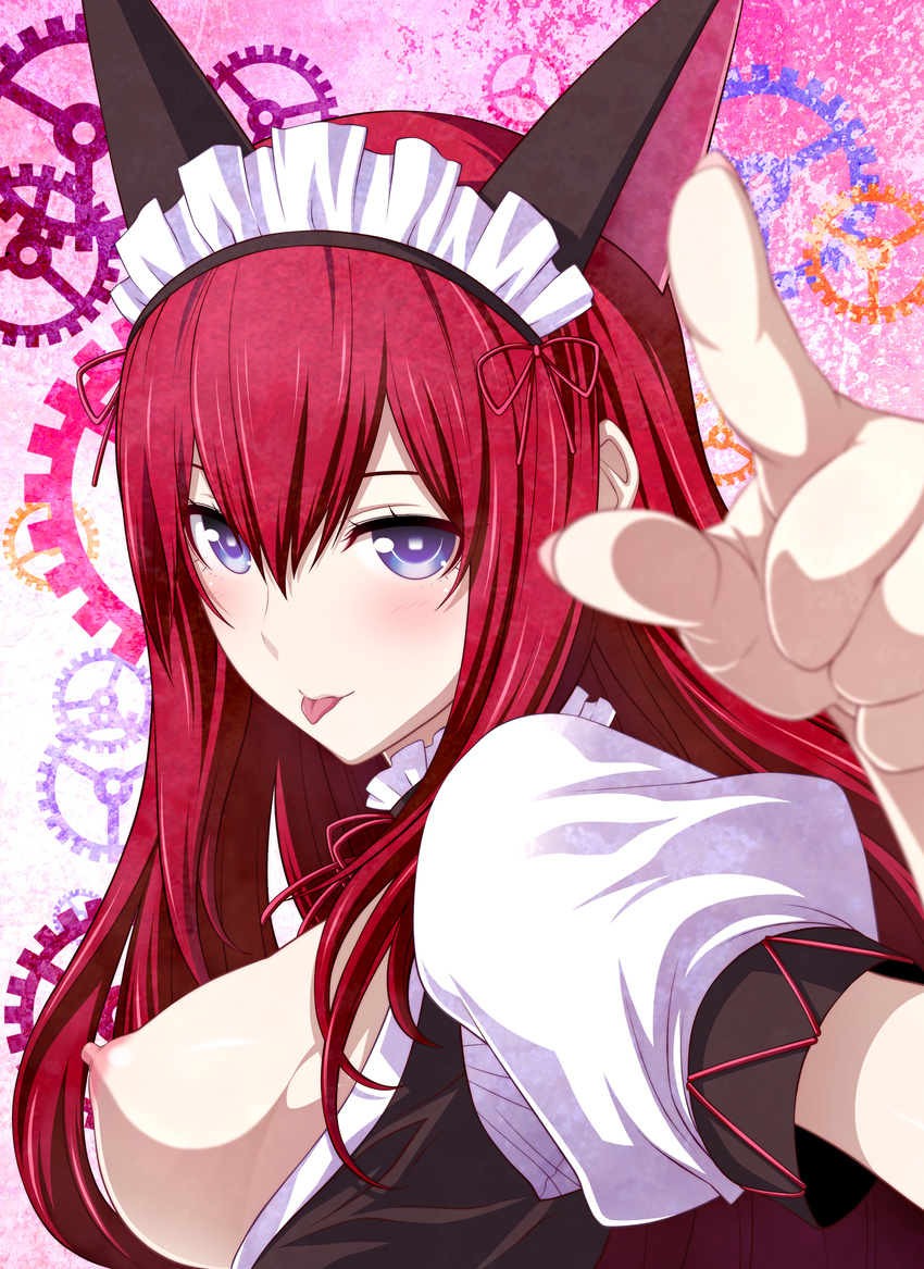 animal_ears blue_eyes breasts fake_animal_ears gears highres long_hair looking_at_viewer maid maid_headdress makise_kurisu medium_breasts nipples open_clothes red_hair shoumaru_(gadget_box) solo steins;gate tongue tongue_out upper_body