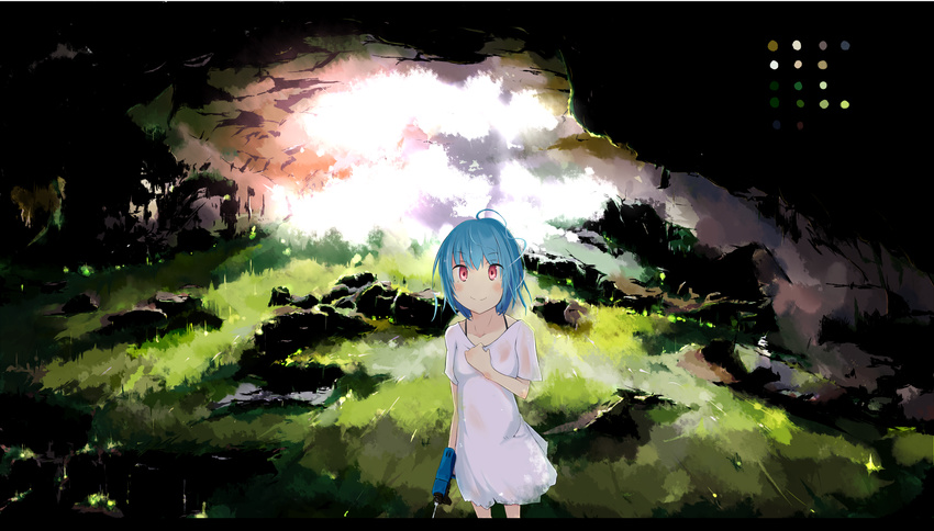 ahoge blue_hair blush_stickers cave color_guide dress hand_on_own_chest highres letterboxed moss original power_drill red_eyes rock scenery short_hair short_sleeves smile solo standing tetsurou_(fe+) white_dress