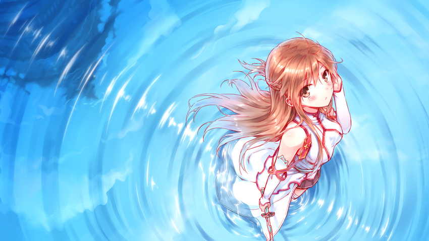 aincrad asuna_(sao) bad_id bad_pixiv_id bare_shoulders brown_hair detached_sleeves from_above half_updo highres hiten_(hitenkei) long_hair looking_at_viewer looking_up pleated_skirt reflection ripples skirt solo sword sword_art_online thighhighs wading wallpaper water weapon white_legwear