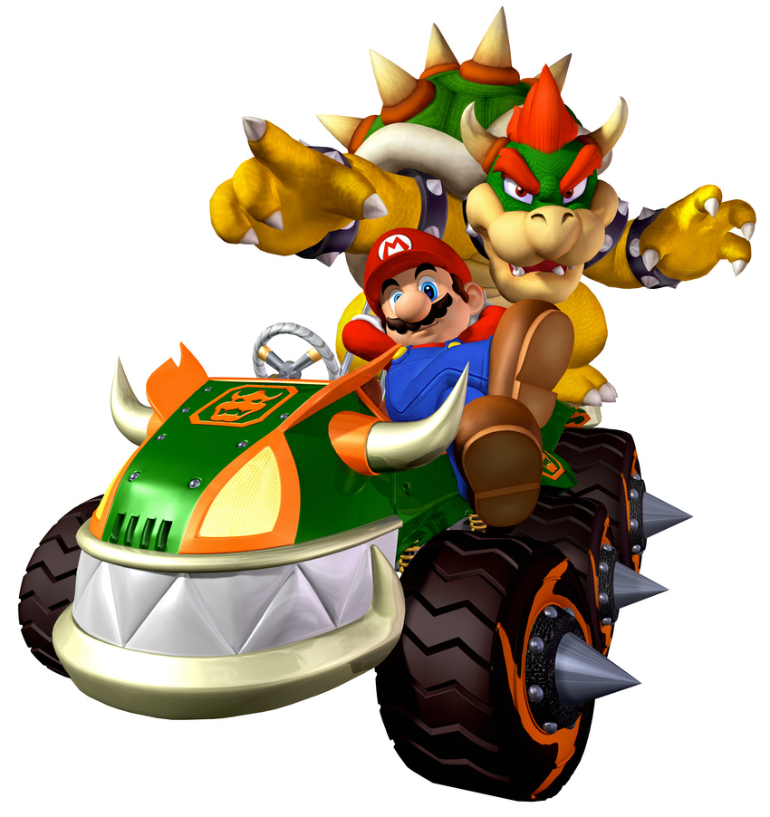 2boys 3d absurdres bowser car facial_hair highres lying mario mario_(series) mario_kart motor_vehicle multiple_boys mustache official_art spikes standing super_mario_bros. vehicle