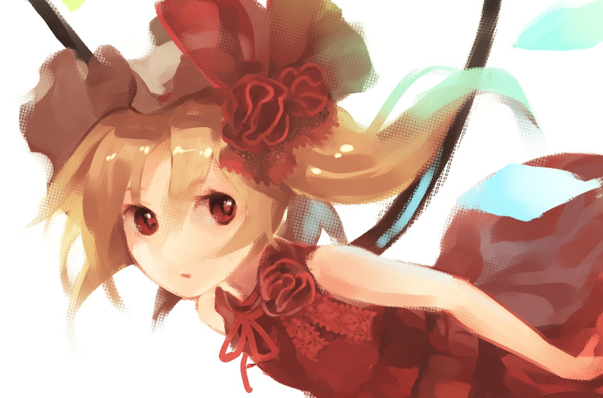 alternate_costume bare_shoulders blonde_hair dress flandre_scarlet formal hat looking_away red_dress red_eyes shihou_(g-o-s) side_ponytail sleeveless sleeveless_dress solo touhou