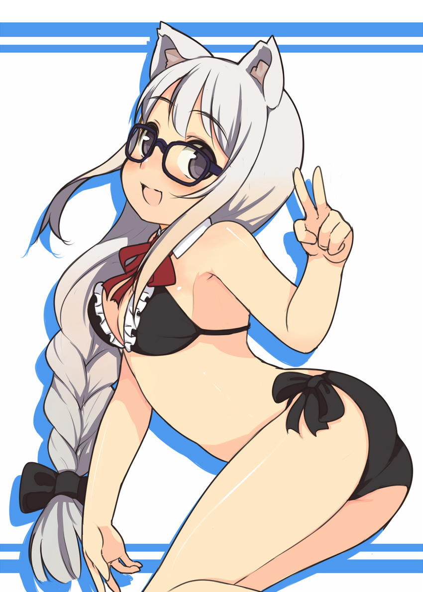 animal_ears arched_back bare_shoulders bikini black_bikini braid breasts cat_ears cleavage detached_collar frilled_bikini frills glasses highres long_hair medium_breasts original oza_watto purple_eyes side-tie_bikini sidelocks smile solo swimsuit v white_hair