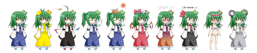 :&lt; =_= ^_^ ahoge alice_margatroid alice_margatroid_(cosplay) alternate_color alternate_hairstyle animal_ears bikini blush breasts c.c._lemon chibi cleavage closed_eyes cosplay detached_sleeves fang flandre_scarlet flandre_scarlet_(cosplay) food frog_hair_ornament fruit full_body green_hair hair_ornament hair_ribbon hairband hat highres hijiri_byakuren hijiri_byakuren_(cosplay) houjuu_nue houjuu_nue_(cosplay) is_that_so kemonomimi_mode kochiya_sanae lemon long_hair long_image medium_breasts moriya_suwako moriya_suwako_(cosplay) mouse_ears navel nazrin nazrin_(cosplay) necktie open_mouth osashin_(osada) ponytail ribbon rumia rumia_(cosplay) skirt sleeves_past_wrists smile snake solid_circle_eyes sun sweat swimsuit touhou transparent_background ufo white_bikini white_swimsuit wide_image wings yellow_eyes