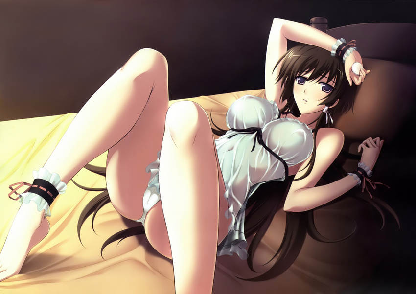 ankle_cuffs ankle_garter ass bare_shoulders barefoot breasts brown_hair cameltoe chemise covered_navel covered_nipples feet highres ishigaki_takashi large_breasts legs long_hair long_legs lying muvluv muvluv_alternative muvluv_total_eclipse on_back panties purple_eyes see-through solo takamura_yui thighs underwear very_long_hair white_panties wrist_cuffs