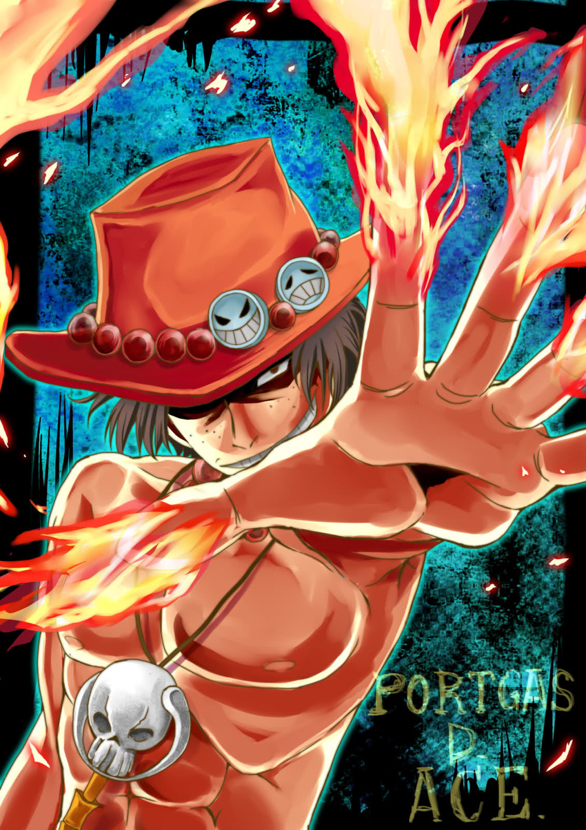 1boy beads character_name fire freckles hat hat_over_one_eye highres looking_at_viewer male male_focus muscle one_piece portgas_d_ace sad_face smile smiley smiley_face solo topless