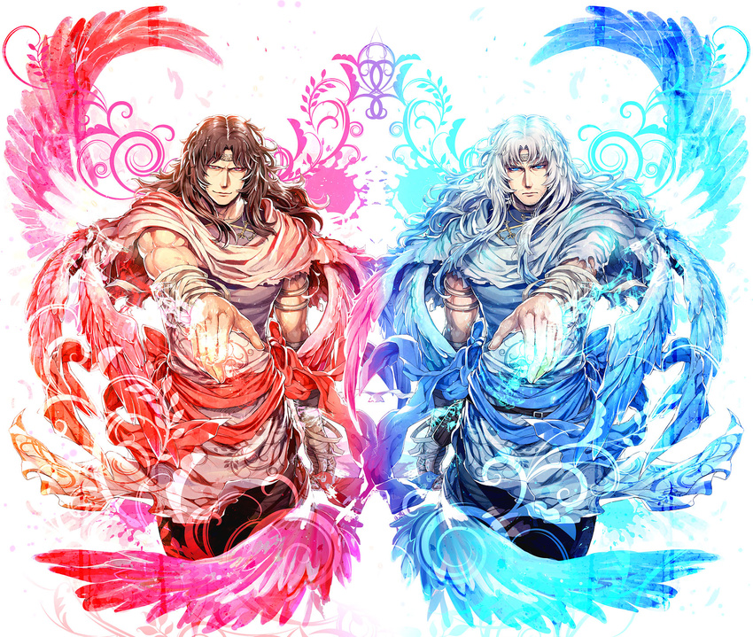 amiba blue_fire brown_hair cloak fire headband highres hokuto_no_ken koshiro_itsuki long_hair male_focus multiple_boys silver_hair toki_(hokuto_no_ken)