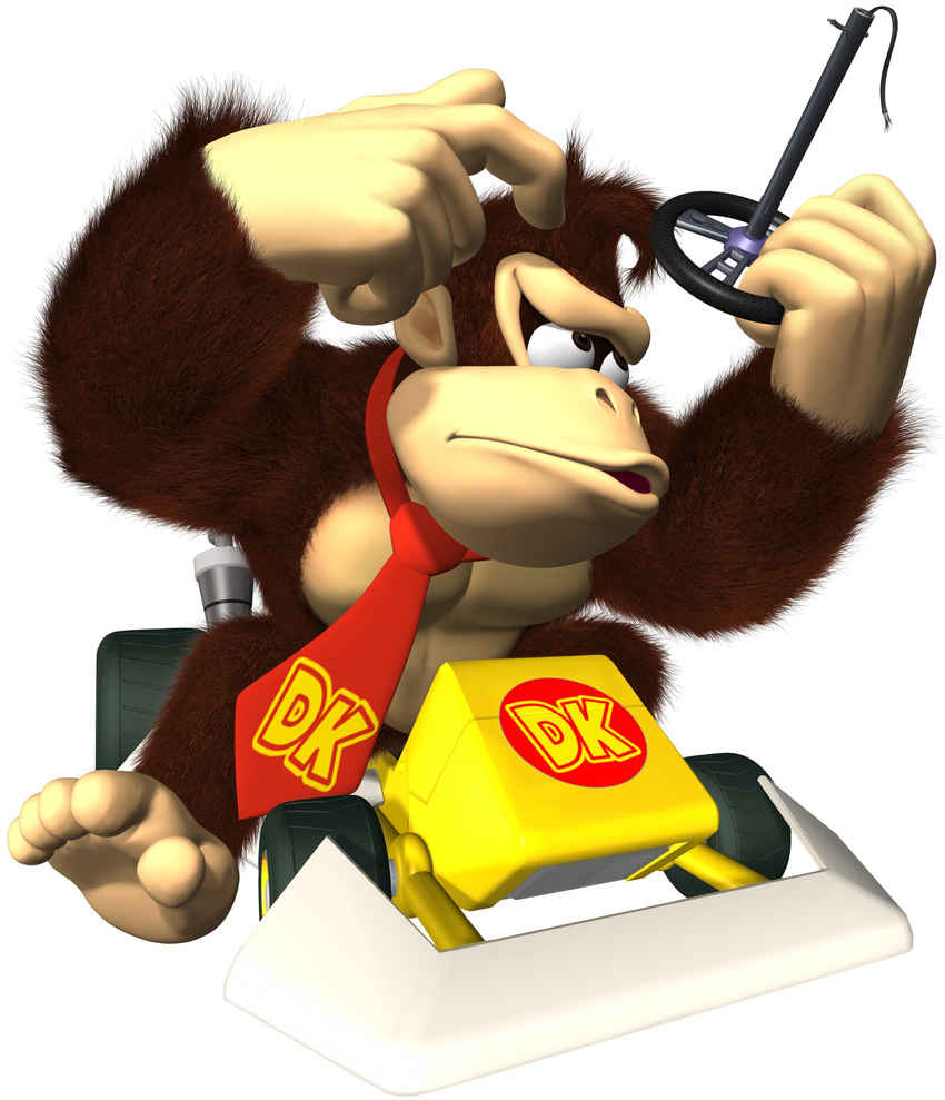 3d absurdres car donkey_kong highres mario_(series) mario_kart monkey motor_vehicle necktie no_humans official_art scratching_head solo steering_wheel super_mario_bros. tie vehicle