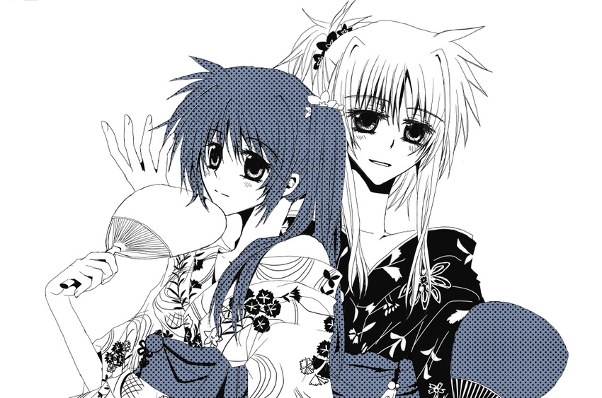 aihara_(keitora) bad_id bad_pixiv_id fate_testarossa japanese_clothes kimono long_hair lyrical_nanoha mahou_shoujo_lyrical_nanoha_strikers monochrome multiple_girls side_ponytail simple_background smile takamachi_nanoha white_background yukata