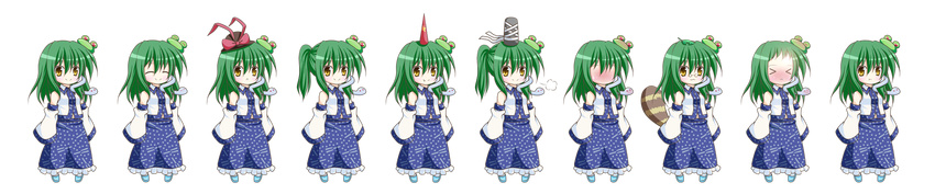 &gt;_o :t ^_^ alternate_color alternate_hairstyle blush chibi closed_eyes cosplay detached_sleeves forehead frog_hair_ornament full_body futatsuiwa_mamizou futatsuiwa_mamizou_(cosplay) glasses green_hair hair_ornament hat highres horn hoshiguma_yuugi hoshiguma_yuugi_(cosplay) kochiya_sanae kochiya_sanae_(cosplay) leaf long_hair long_image mononobe_no_futo mononobe_no_futo_(cosplay) nagae_iku nagae_iku_(cosplay) one_eye_closed osashin_(osada) pince-nez ponytail pout raccoon_tail skirt sleeves_past_wrists smile snake star tail tate_eboshi touhou transparent_background wide_image yellow_eyes