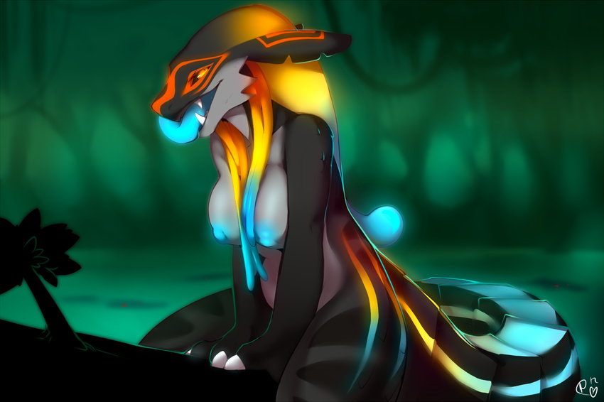 anthro bioluminescence blue_nipples breasts chubby claws colorful fangs female glowing glowing_nipples inverted_nipples lyra nipples nude patto reptilian scalie solo stripes swamp thick_tongue unknown_species