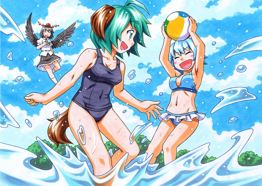 :d ahoge animal_ears ball beachball bikini blue_bikini blue_hair blush_stickers camera closed_eyes green_eyes green_hair hat kasodani_kyouko kawachi_koorogi marker_(medium) multiple_girls navel one-piece_swimsuit open_mouth profile school_swimsuit shameimaru_aya short_hair skirt smile swimsuit tatara_kogasa tokin_hat touhou traditional_media water wings