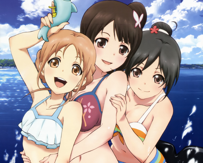 black_hair blonde_hair blue_eyes brown_hair clouds miyamoto_konatsu okita_sawa sakai_wakana sky swimsuit tari_tari tree water