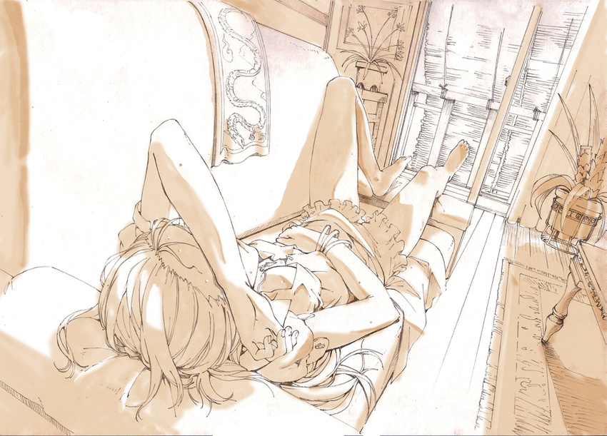 bare_legs barefoot bracelet breasts cleavage couch covering_eyes dragon eastern_dragon feet hong_meiling indoors jewelry long_hair lying medium_breasts messy_hair monochrome mtmy no_hat no_headwear on_back perspective plant potted_plant sleeping solo sunlight table touhou window