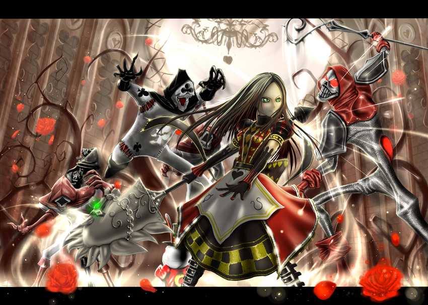 alice:_madness_returns alice_(wonderland) backlighting boots brown_hair cannon chandelier dress flower glowing glowing_eyes green_eyes grin letterboxed light_particles long_hair machinery petals pillar rose ruins smile standing very_long_hair weapon white_dress wotashie_(nyannpee)