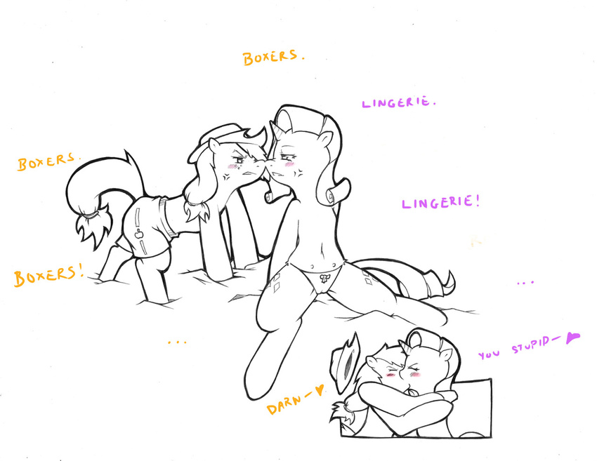 anatomically_correct angry_sex applejack_(mlp) blush camel_toe cold-blooded-twilight cowboy_hat equine eyes_closed female feral friendship_is_magic hat horn horse kissing lesbian mammal my_little_pony panties plain_background pony rarity_(mlp) teats underwear unicorn white_background