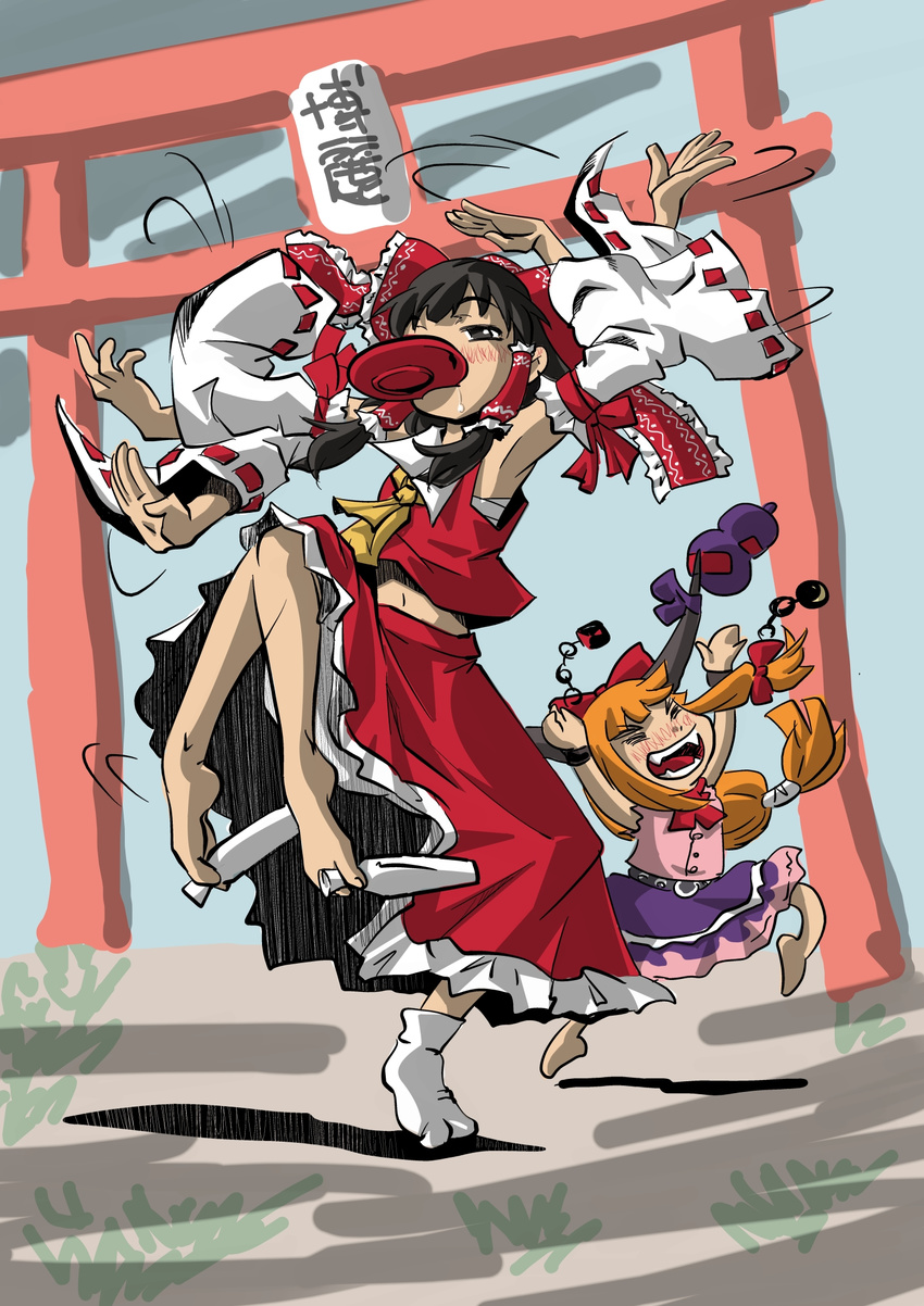 afterimage arch armpits ascot bare_shoulders barefoot bow detached_sleeves drunk hair_bow hair_ribbon hair_tubes hakurei_reimu highres ibuki_suika long_sleeves mouth_hold multiple_girls red_bow ribbon ribbon-trimmed_sleeves ribbon_trim standing standing_on_one_leg toes torii touhou udppagen