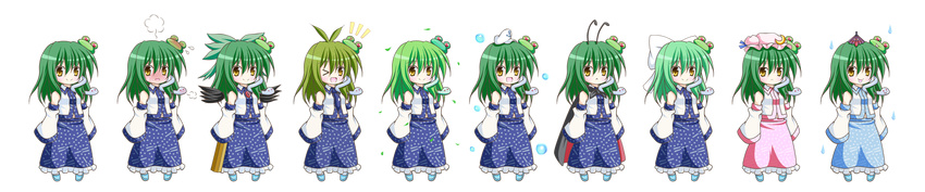 &gt;_&lt; :p ahoge alternate_color antennae arm_cannon blush bow bubble cape closed_eyes cosplay crescent detached_sleeves frog_hair_ornament full_body green_hair hair_bow hair_ornament hat highres karakasa_obake kochiya_sanae lineup long_hair long_image long_sleeves multiple_persona murasa_minamitsu murasa_minamitsu_(cosplay) one_eye_closed open_mouth osashin_(osada) patchouli_knowledge patchouli_knowledge_(cosplay) reiuji_utsuho reiuji_utsuho_(cosplay) sailor_hat skirt smile snake tatara_kogasa tatara_kogasa_(cosplay) third_eye tongue tongue_out touhou transparent_background umbrella vest weapon wide_image wide_sleeves wings wriggle_nightbug wriggle_nightbug_(cosplay) yellow_eyes