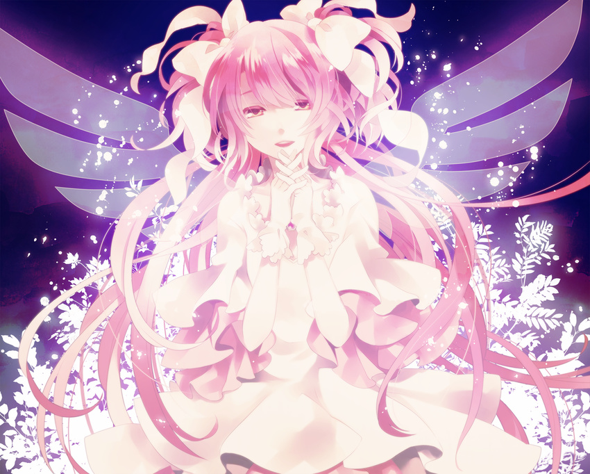 bad_id bad_pixiv_id bow dress duplicate gloves glowing glowing_wings hair_bow hands_clasped highres kaname_madoka laevateinn_(artist) long_hair looking_at_viewer mahou_shoujo_madoka_magica open_mouth own_hands_together pink_dress pink_eyes pink_hair silhouette solo two_side_up ultimate_madoka white_gloves wings
