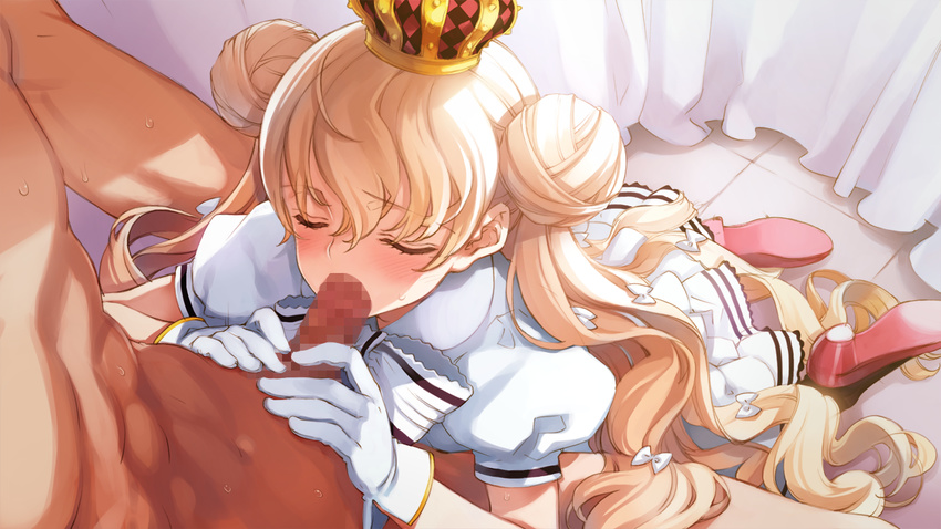 blonde_hair blush censored closed_eyes crown double_bun eiyuu_senki fellatio game_cg gloves hetero king_arthur_(eiyuu_senki) long_hair mosaic_censoring ooyari_ashito open_mouth oral penis petite