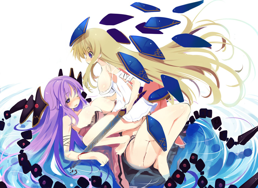 ass bad_id bad_pixiv_id bandages blonde_hair blood blue_eyes blush breasts copyright_request girl_on_top injury kawahara_megumi large_breasts long_hair multiple_girls one_eye_closed purple_eyes purple_hair sideboob sword very_long_hair water weapon