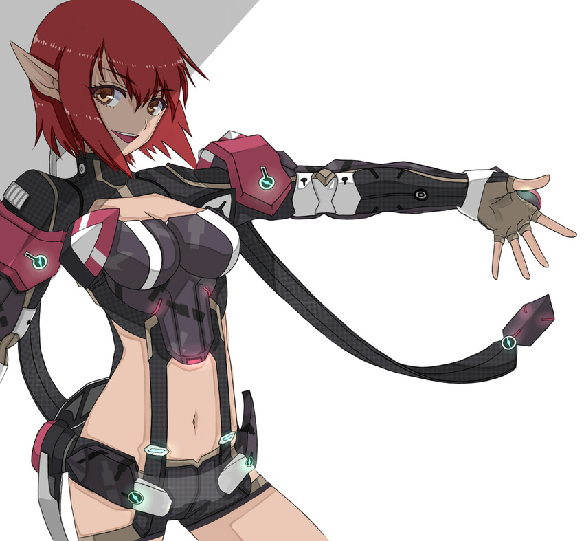 bad_id bad_pixiv_id breasts brown_eyes cleavage elf fingerless_gloves gloves highres looking_at_viewer medium_breasts midriff navel neighbor_quartz outstretched_arm phantasy_star phantasy_star_online_2 pointy_ears r_n_(kisaragiyurii) red_hair short_hair short_shorts shorts smile solo sue_(pso2)