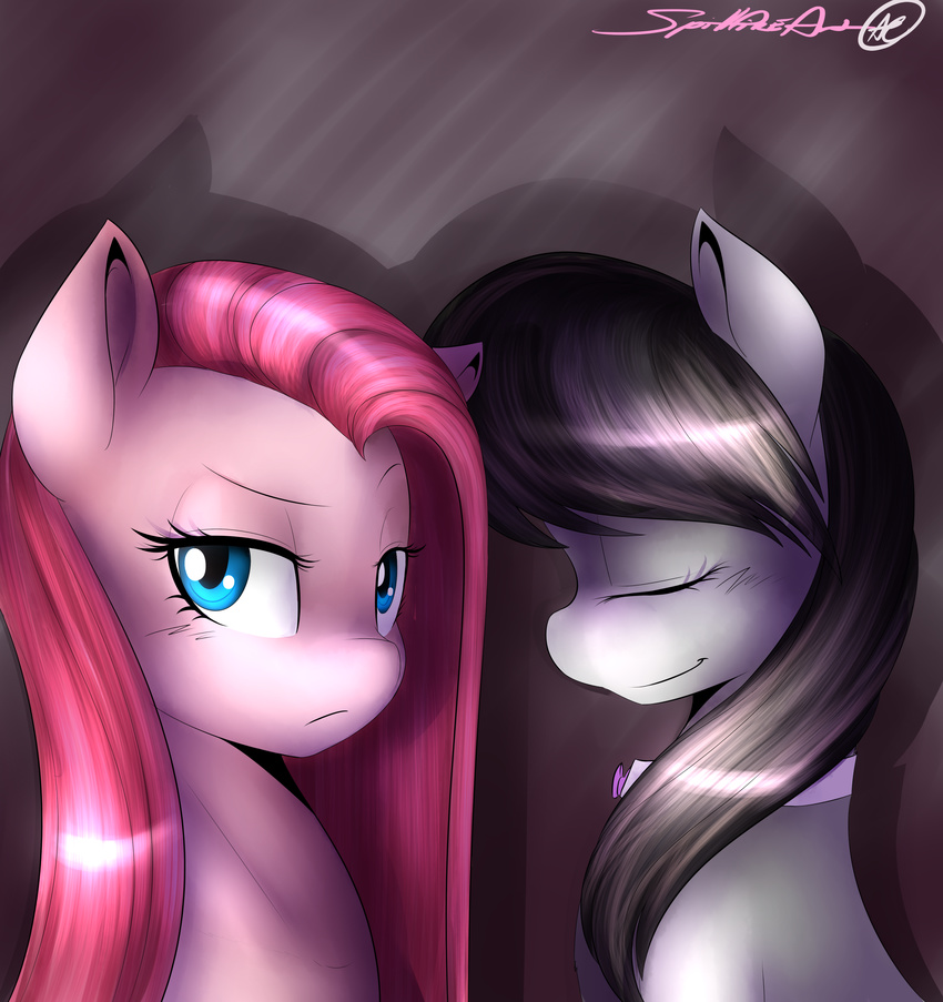 absurd_res black_hair blue_eyes bow_tie couple equine eyes_closed female feral friendship_is_magic hair hi_res horse looking_at_viewer mammal my_little_pony octavia_(mlp) pink_hair pinkamena_(mlp) pinkie_pie_(mlp) pony spittfire