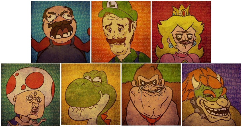 bowser collar crown dinosaur donkey_kong forever_alone gorilla horn immortalshinylife koopa luigi mammal mario mario_bros me_gusta meme necktie nintendo primate princess princess_peach rageface royalty scalie shell spikes toad_(mario) toadstool trollface video_games y_u_no yoshi