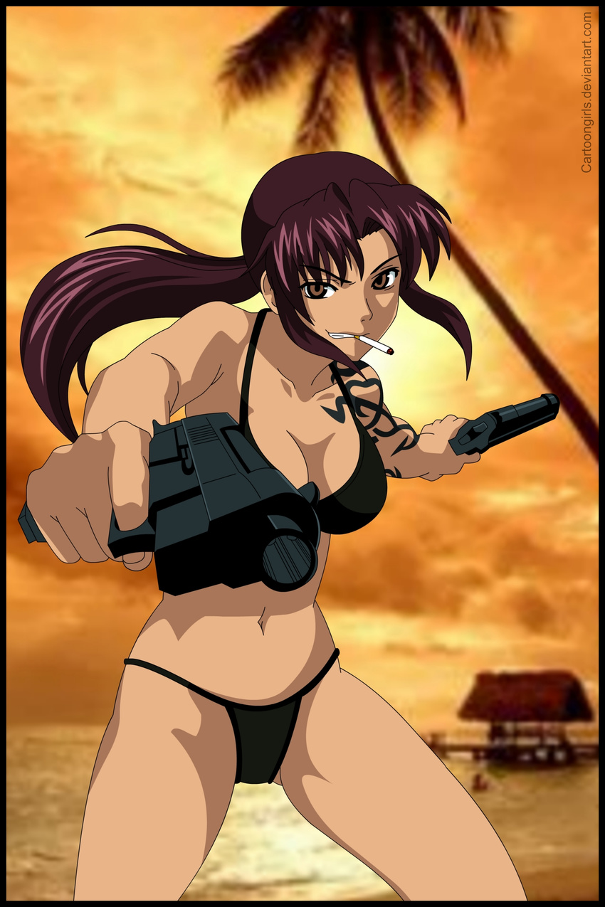 1girl absurdres aiming_at_viewer artist_request black_bra black_lagoon black_panties black_thong bra breasts brown_eyes cigarette dual_wielding female gun highres long_hair navel palm_tree panties pov_aiming revy revy_(black_lagoon) smile solo sunset tattoo thong tree underwear water weapon