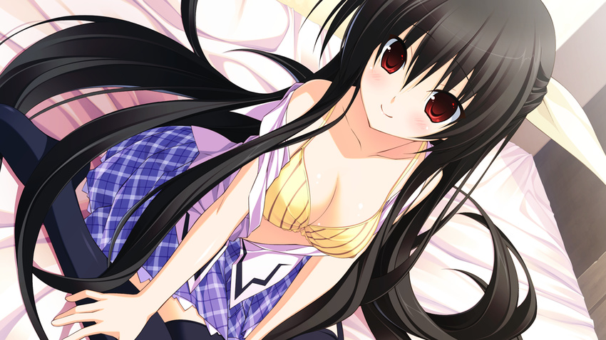 black_hair blush bra game_cg kuon_itsuki long_hair open_shirt red_eyes thighhighs tiny_dungeon underwear vell_sein