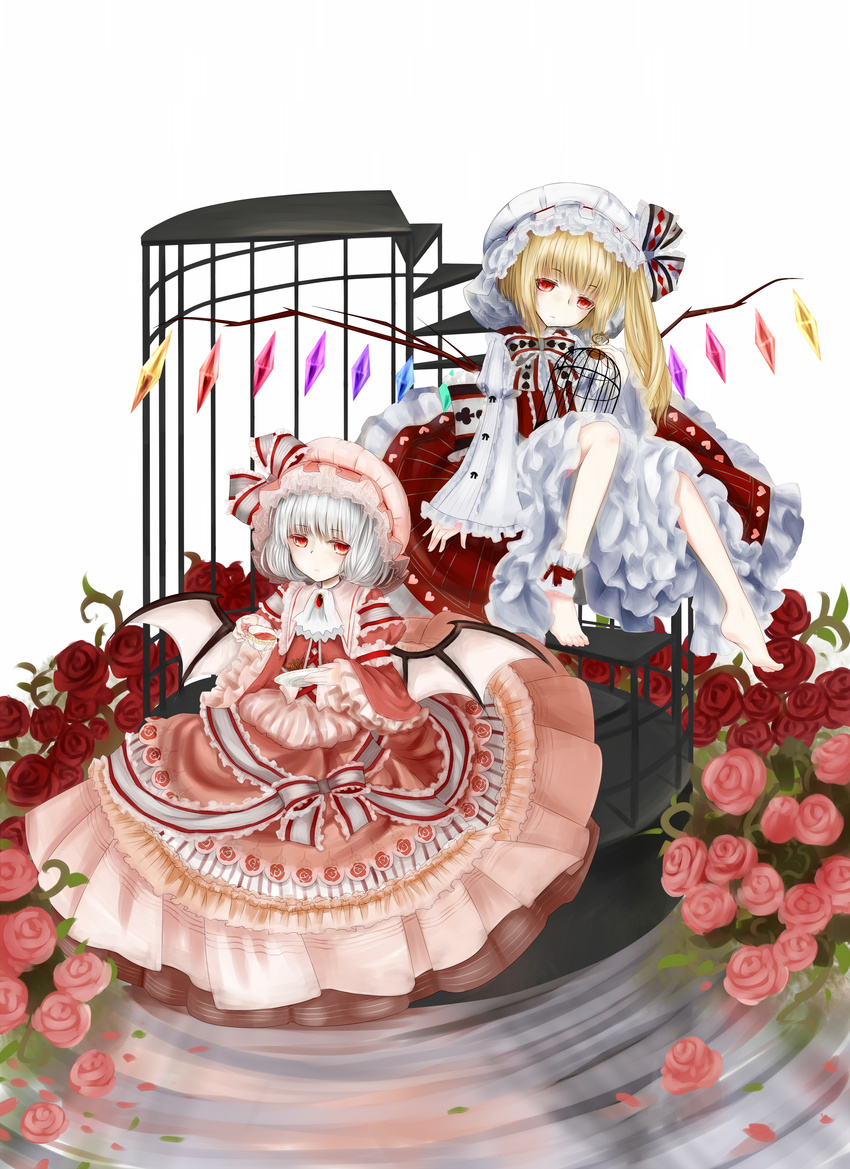 absurdres alternate_costume ankle_cuffs ascot barefoot bat_wings birdcage blonde_hair blue_hair cage club_(shape) crystal diamond_(shape) dress flandre_scarlet flower frills hat hat_ribbon heart highres long_sleeves moon_(moon-beast) multiple_girls puffy_sleeves red_dress red_eyes remilia_scarlet ribbon rose short_hair side_ponytail spade_(shape) touhou white_dress wide_sleeves wings